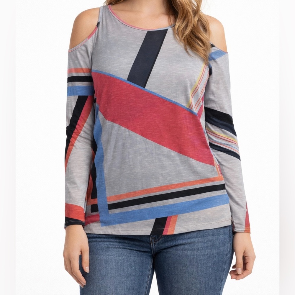 Armani Exchange Abstract Geometric Cold Shoulder Long Sleeve Top GrayPink Size S